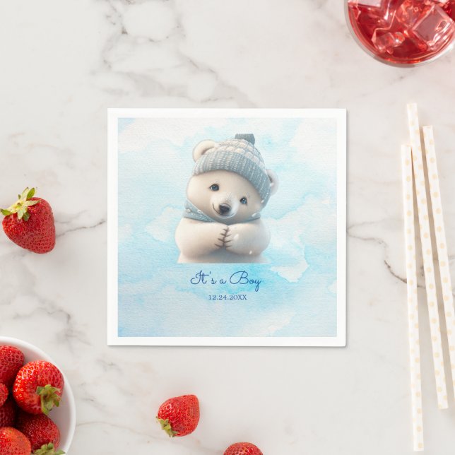 Cute Polar Bear Winter Blue Baby Shower Its Boy Napkins (Insitu)