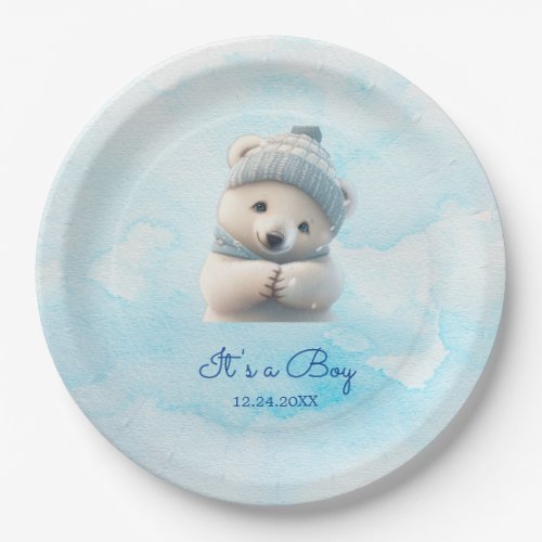 Cute Polar Bear Winter Blue Baby Shower Its Boy Paper Plates