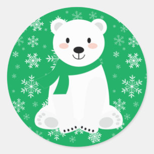 Cute Polar Bear Winter Snowflake Green Classic Round Sticker