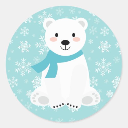 Cute Polar Bear Winter Snowflake Teal Classic Round Sticker