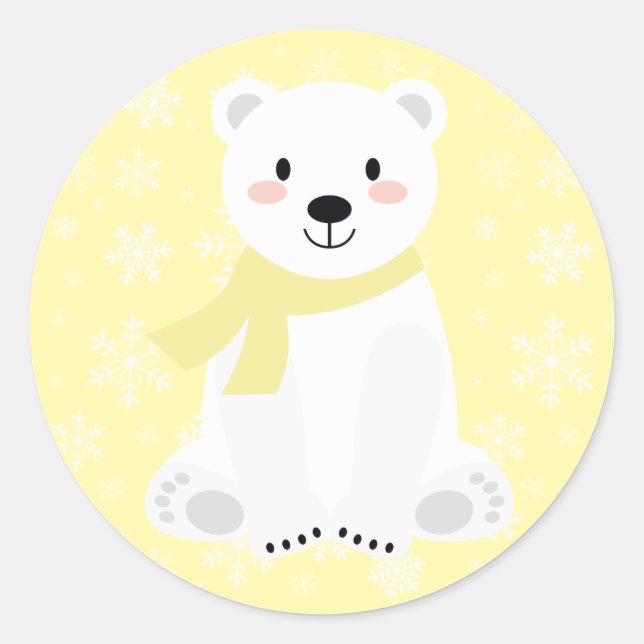 Cute Polar Bear Winter Snowflake Yellow Classic Round Sticker (Front)
