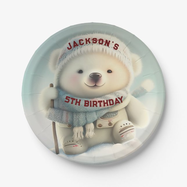Cute Polar Bear Winter Wonderland Skiing Snowflake Paper Plates (Front)