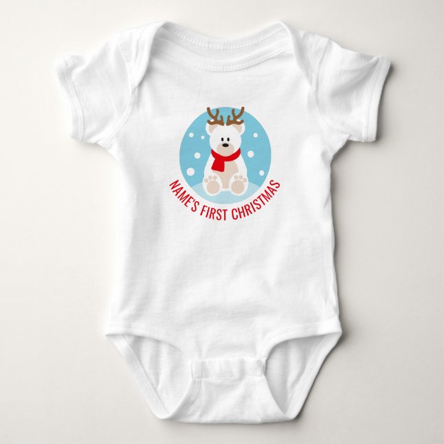 Cute Polar Bear with Antlers - First Christmas Baby Bodysuit (Front)