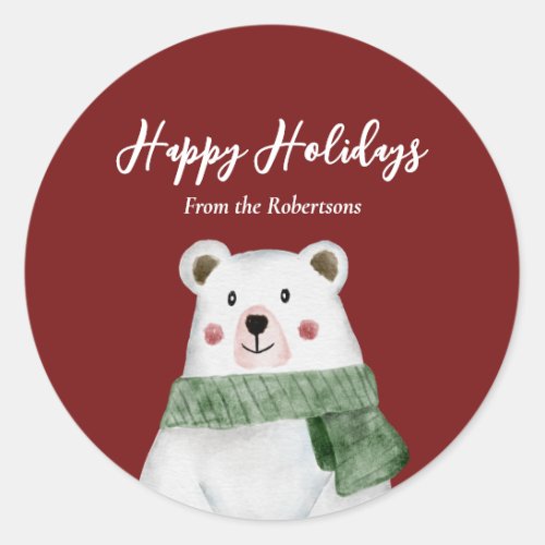 Cute Polar Bear with Green Scarf Happy Holidays Classic Round Sticker