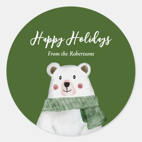 Cute Polar Bear with Green Scarf Happy Holidays Classic Round Sticker