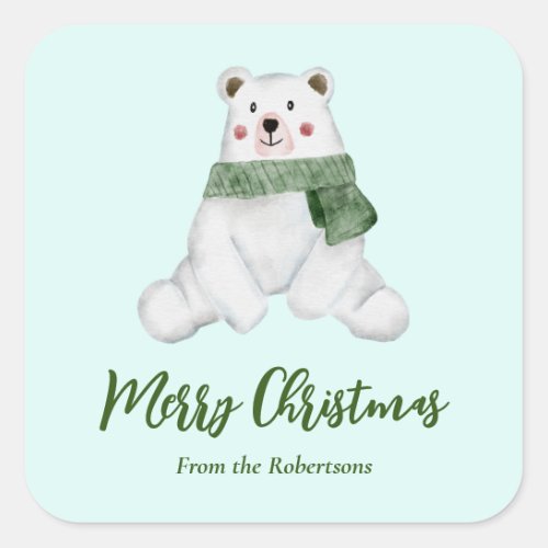 Cute Polar Bear with Green Scarf Merry Christmas Square Sticker