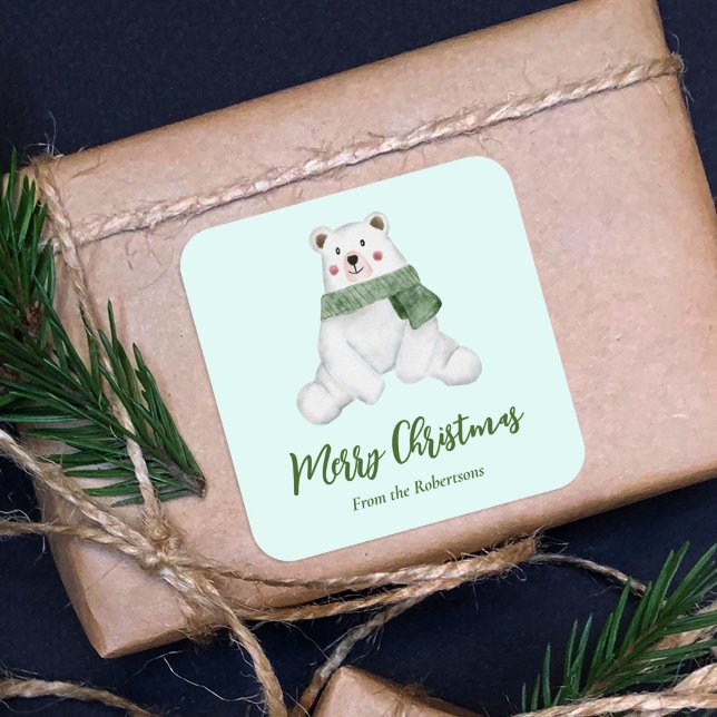 Cute Polar Bear with Green Scarf Merry Christmas Square Sticker (Creator Uploaded)