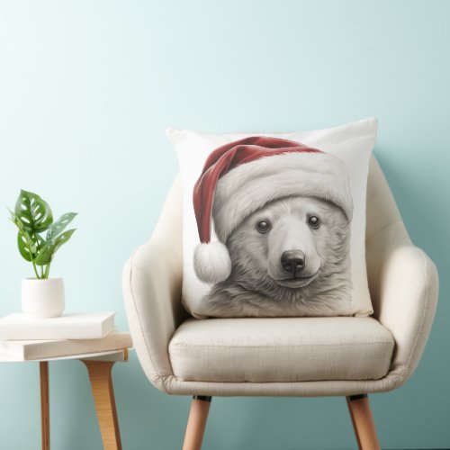Cute Polar Bear With Santa Hat Wildlife Animals  Throw Pillow