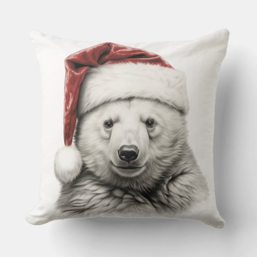 Cute Polar Bear With Santa Hat Wildlife Animals  Throw Pillow