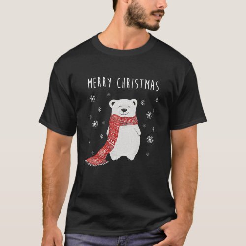 Cute Polar Bear With Scarf Merry Christmas T_Shirt