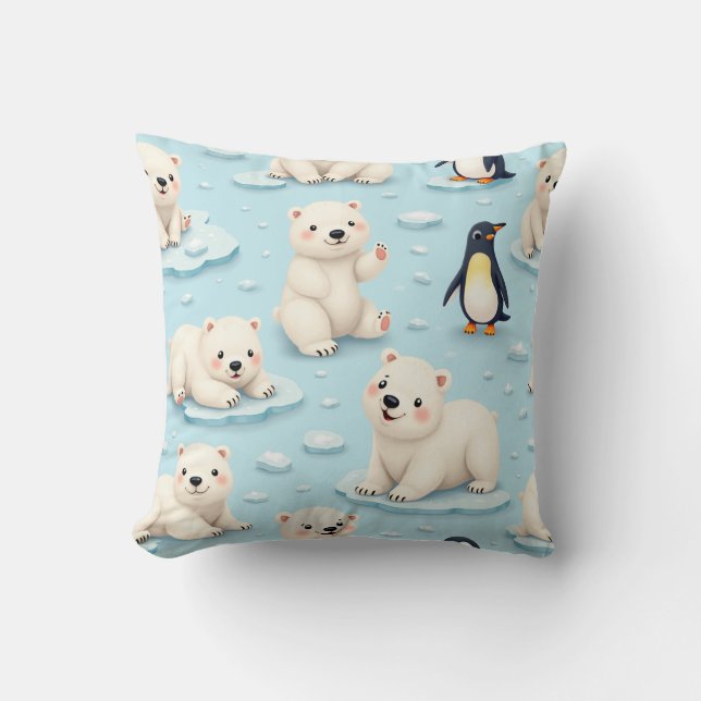 Cute polar bears and penguins throw pillow (Front)