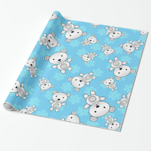 Cute polar bears blue snowflakes wrapping paper