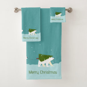 Cute Polar Bears Carrying a Christmas Tree Bath Towel Set