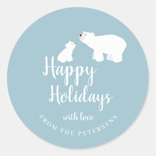 Cute polar bears dusty blue white Happy Holidays Classic Round Sticker