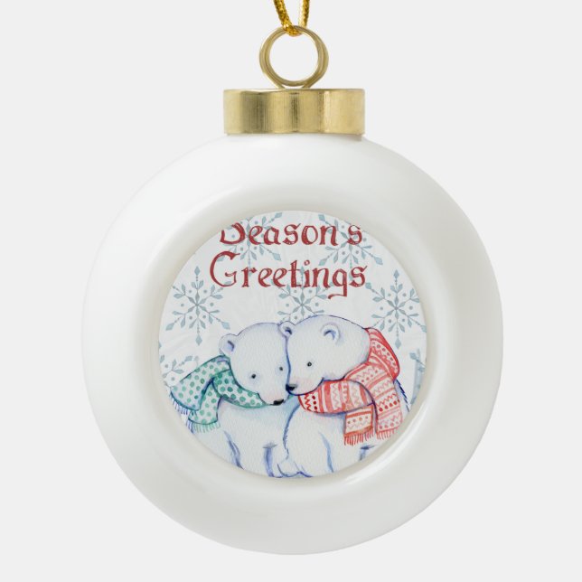Cute Polar Bears in Red and Green Scarf Ceramic Ball Christmas Ornament (Front)