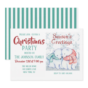 Cute Polar Bears in Red and Green Scarf            Invitation