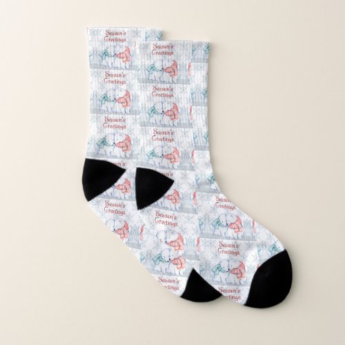 Cute Polar Bears in Red and Green Scarf Socks