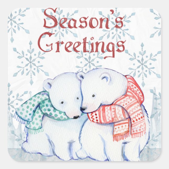 Cute Polar Bears in Red and Green Scarf Square Sticker (Front)