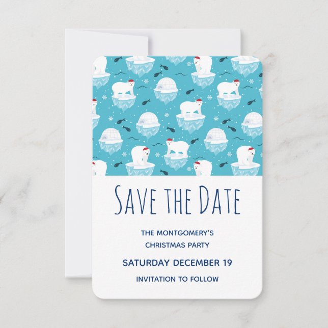 Cute Polar bears in Santa Hats Christmas Party Save The Date (Front)