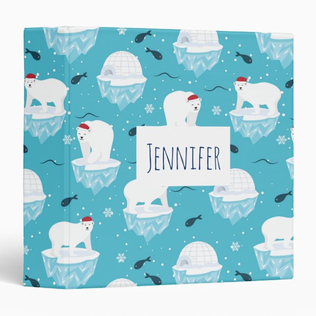Cute Polar bears in Santa Hats Christmas Pattern 3 Ring Binder (Front/Spine)