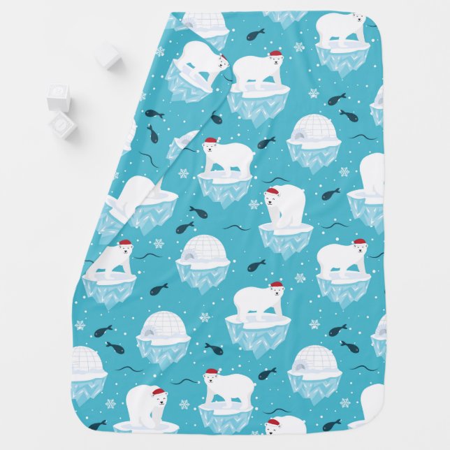 Cute Polar bears in Santa Hats Christmas Pattern Baby Blanket (In Situ)