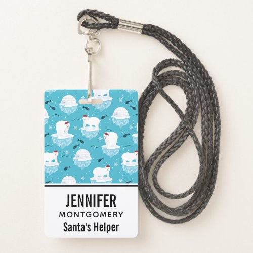 Cute Polar bears in Santa Hats Christmas Pattern Badge
