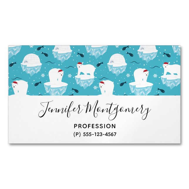 Cute Polar bears in Santa Hats Christmas Pattern Business Card Magnet (Front)