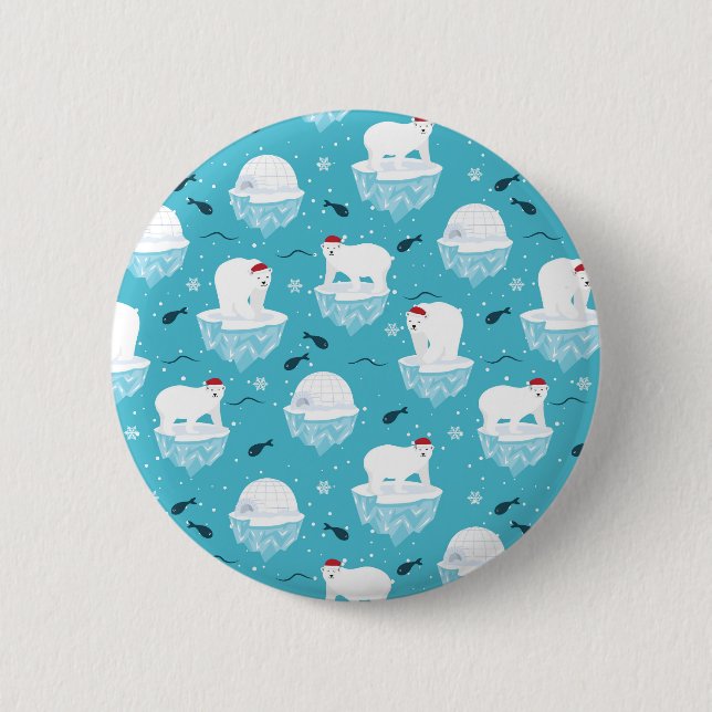 Cute Polar bears in Santa Hats Christmas Pattern Button (Front)