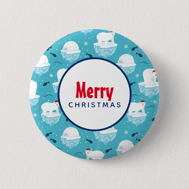 Cute Polar bears in Santa Hats Christmas Pattern Button (Front)