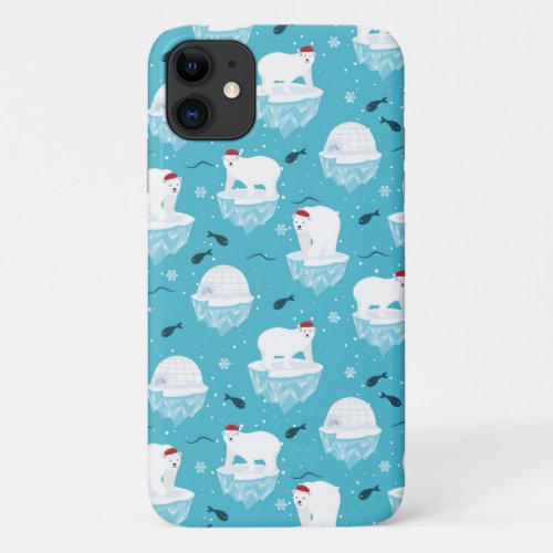 Cute Polar bears in Santa Hats Christmas Pattern iPhone 11 Case