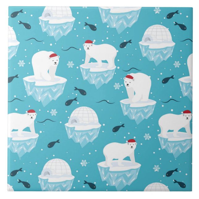 Cute Polar bears in Santa Hats Christmas Pattern Ceramic Tile (Front)
