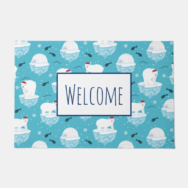 Cute Polar bears in Santa Hats Christmas Pattern Doormat (Front)