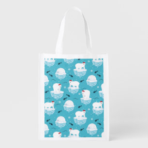 Cute Polar bears in Santa Hats Christmas Pattern Grocery Bag