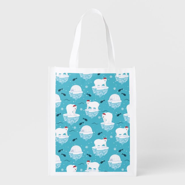 Cute Polar bears in Santa Hats Christmas Pattern Grocery Bag (Front)