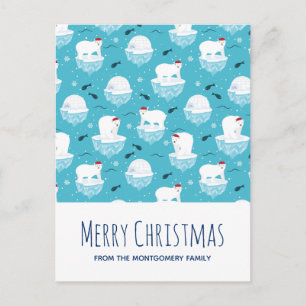 Cute Polar bears in Santa Hats Christmas Pattern Holiday Postcard