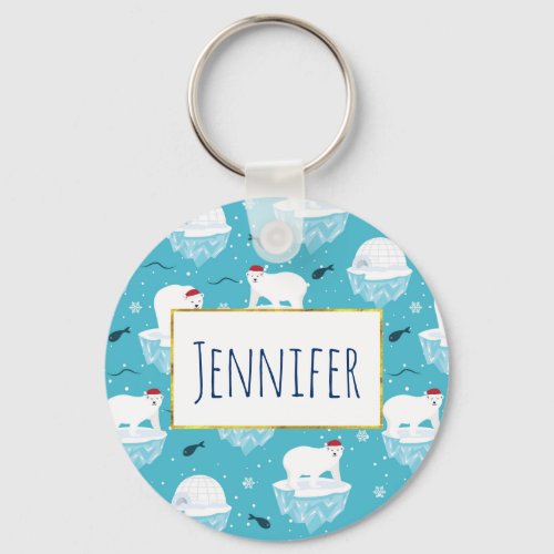 Cute Polar bears in Santa Hats Christmas Pattern Keychain