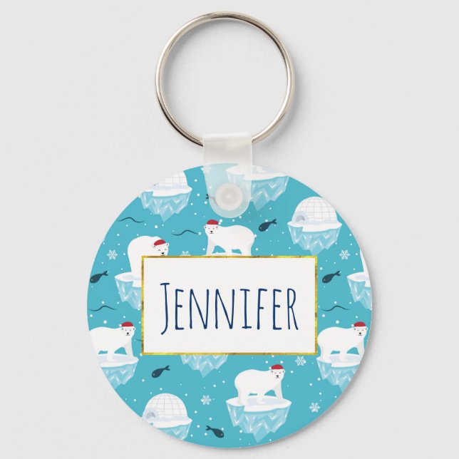 Cute Polar bears in Santa Hats Christmas Pattern Keychain (Front)