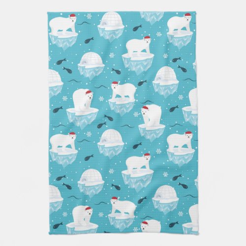 Cute Polar bears in Santa Hats Christmas Pattern Kitchen Towel