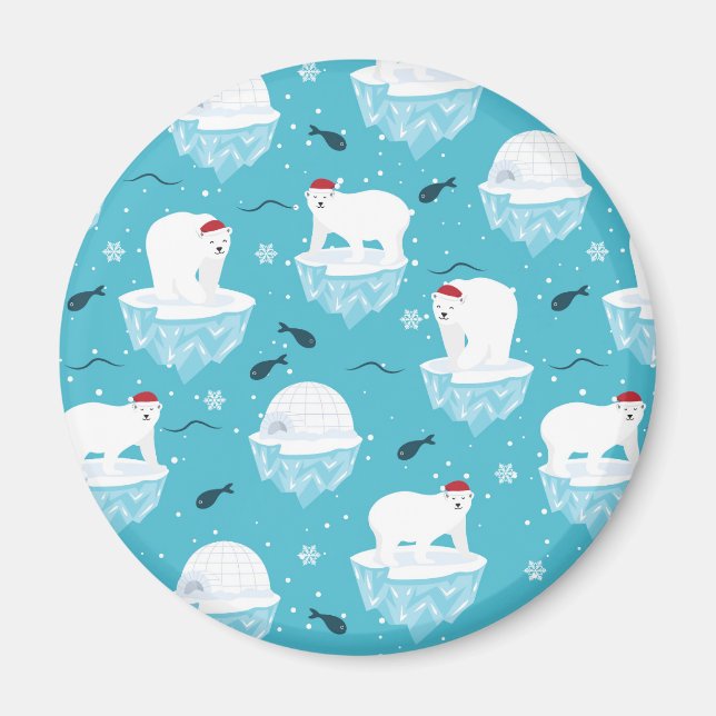 Cute Polar bears in Santa Hats Christmas Pattern Magnet (Front)