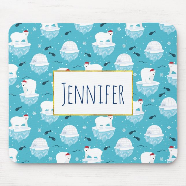 Cute Polar bears in Santa Hats Christmas Pattern Mouse Pad (Front)