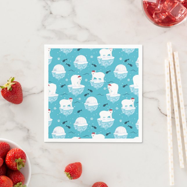 Cute Polar bears in Santa Hats Christmas Pattern Napkins (Insitu)
