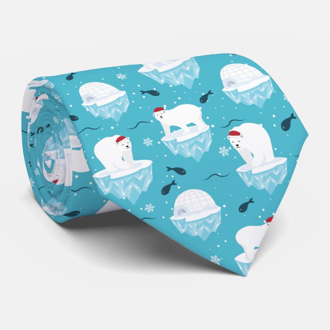 Cute Polar bears in Santa Hats Christmas Pattern Neck Tie (Rolled)