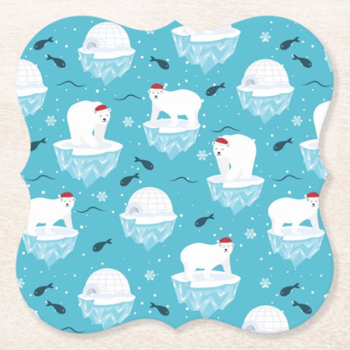 Cute Polar bears in Santa Hats Christmas Pattern Paper Coaster