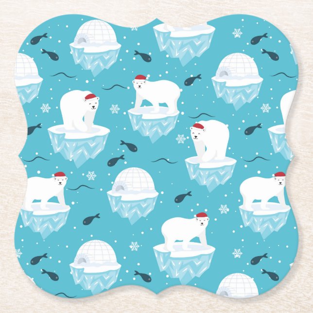 Cute Polar bears in Santa Hats Christmas Pattern Paper Coaster (Front)
