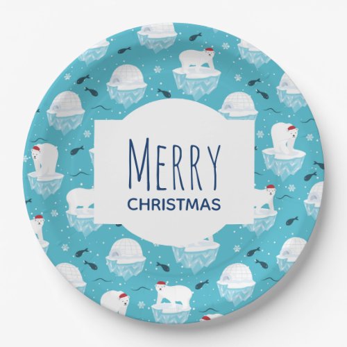 Cute Polar bears in Santa Hats Christmas Pattern Paper Plates