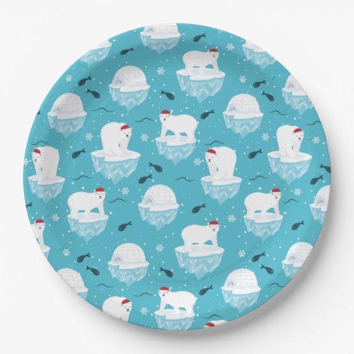 Cute Polar bears in Santa Hats Christmas Pattern Paper Plates