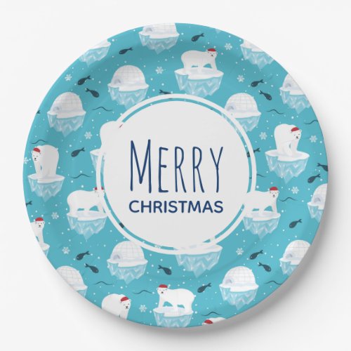 Cute Polar bears in Santa Hats Christmas Pattern Paper Plates