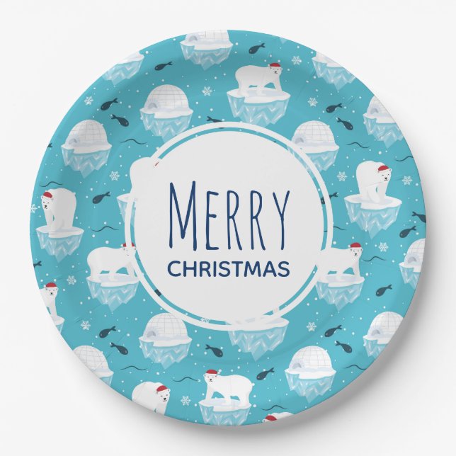 Cute Polar bears in Santa Hats Christmas Pattern Paper Plates (Front)
