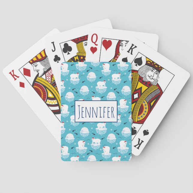 Cute Polar bears in Santa Hats Christmas Pattern Poker Cards (Back)