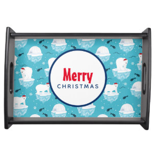 Cute Polar bears in Santa Hats Christmas Pattern Serving Tray